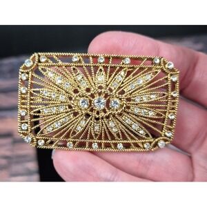 Vtg MCM Gold Filigree Sunburst Brooch Clear Rhinestones Rectangular Pin Glam